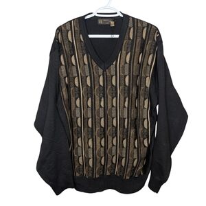 NWT Vintage Sergio Lewis V-Neck Knit Sweater Black Gold Pattern Wool Blend Men’s